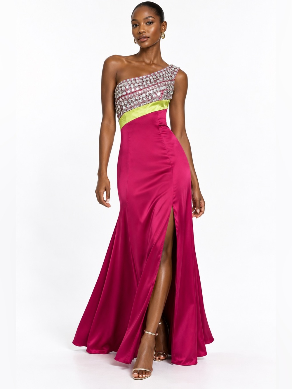 VINTAGE 90's Y2K One-Shoulder Fuchsia Evening Gown with Embellished Bodice Prom